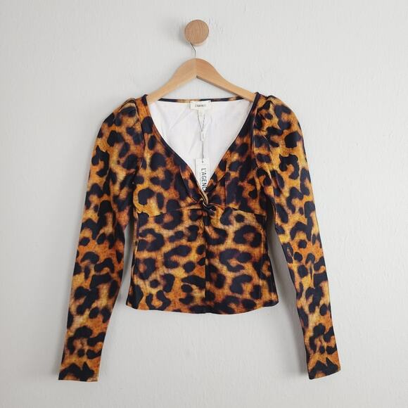L'Agence Twisted V-Neck Leopard Print Puff Sleeve Blouse Brown Black XS NWT - Picture 1 of 9